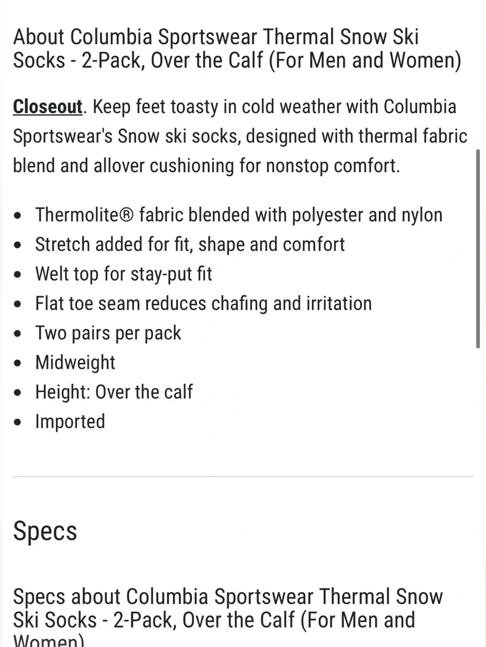 Youth Columbia Sportswear Thermal Snow Ski Socks 2 Pack , Over the Calf Unisex